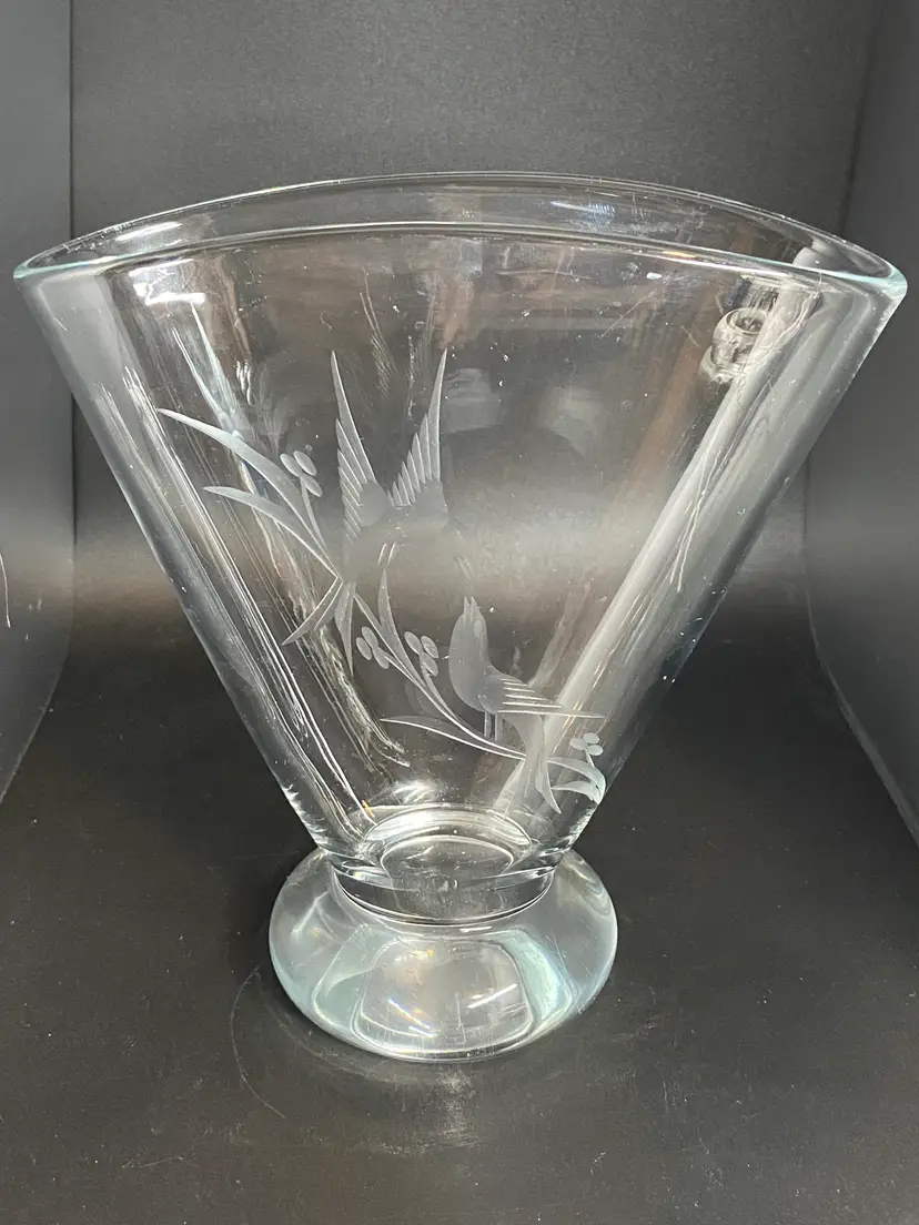 Vintage Bergdala Sweden Etched Glass Fan Vase