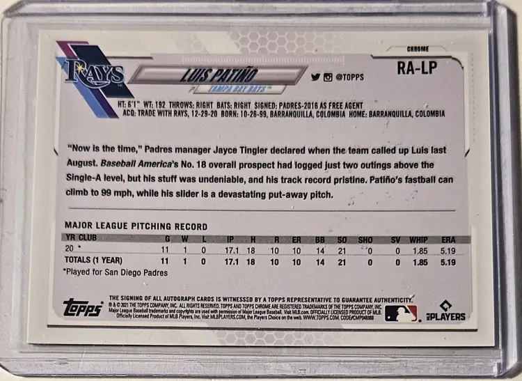2021 Topps Chrome Sapphire Auto Luis Patino