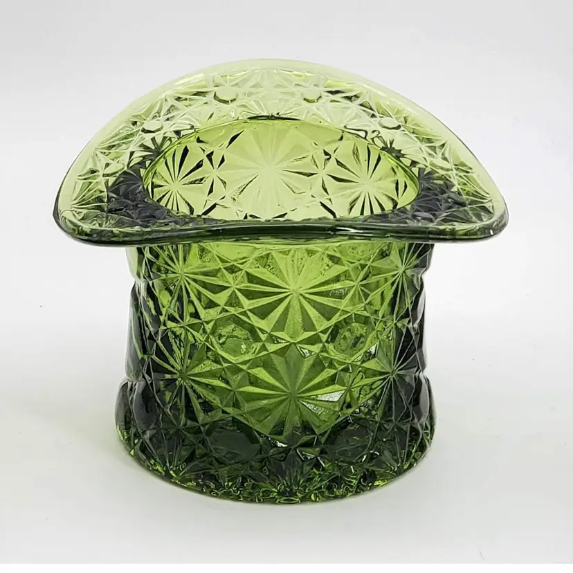 Indiana Glass Green Top Hat Candy Dish Daisy Button  3.25" x 4.5"