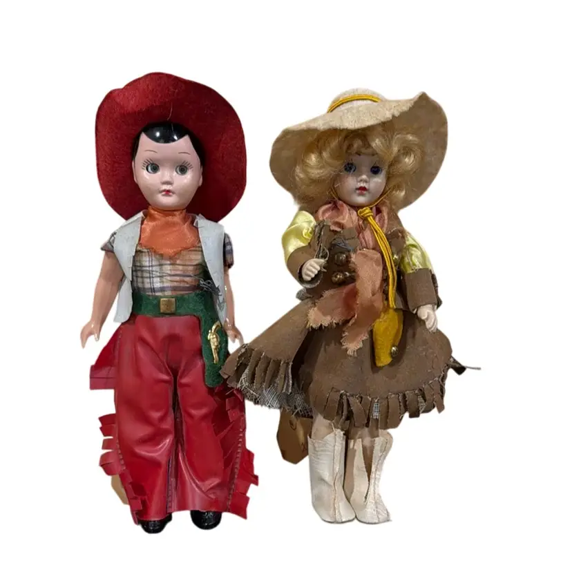 Whimsical & Wonderful! Pair Of 1952 Vintage Cowgirl & Cowboy Western Dolls - With Original Christmas Tags
