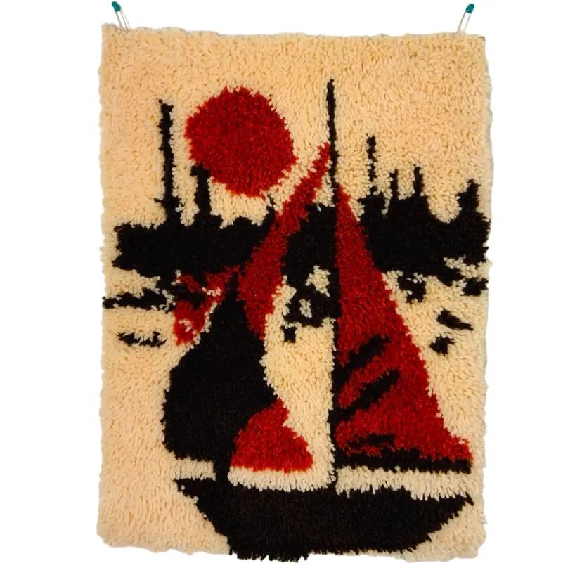 20 Vintage Abstract Wall Hanging Wall Art “Latch Hook” Sailboat In The Harbor Shag Rug Approximately 19” x 26"