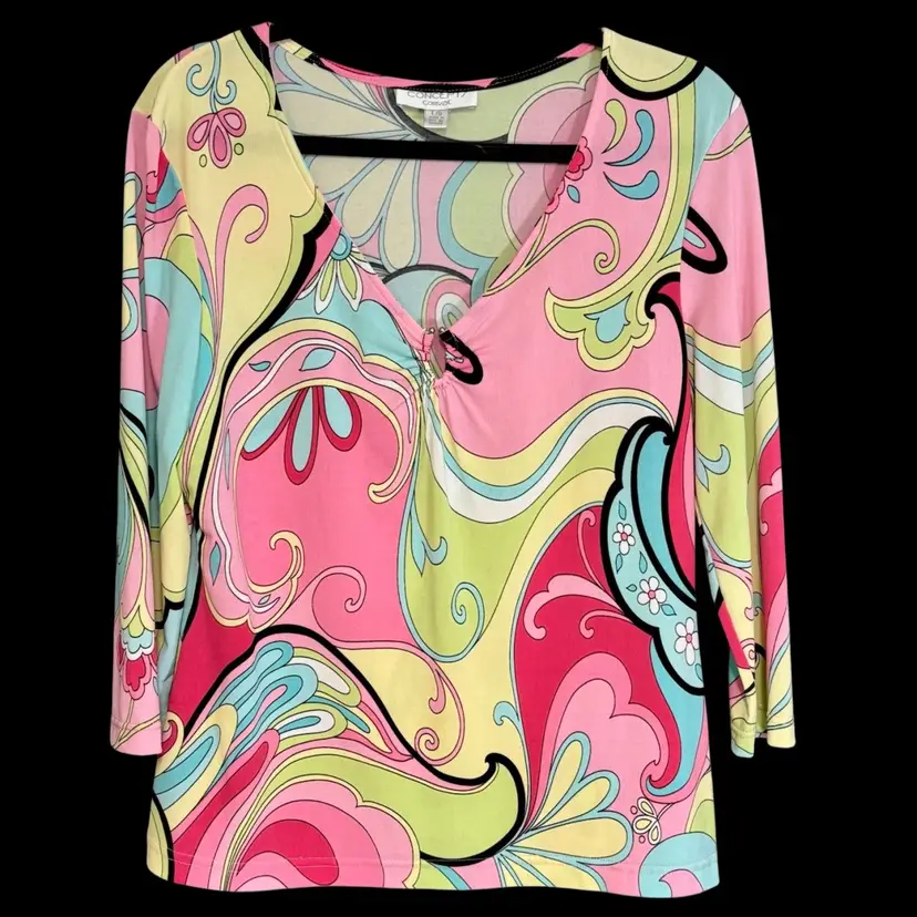 Pucci Style Print Poly/Spandex Bracelet Length Sleeve Blouse Sz L