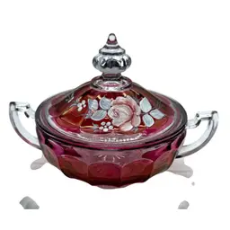 Vintage Westmorland Hand-Painted Ruby Glass Candy Dish Lid Floral Signed 1977
