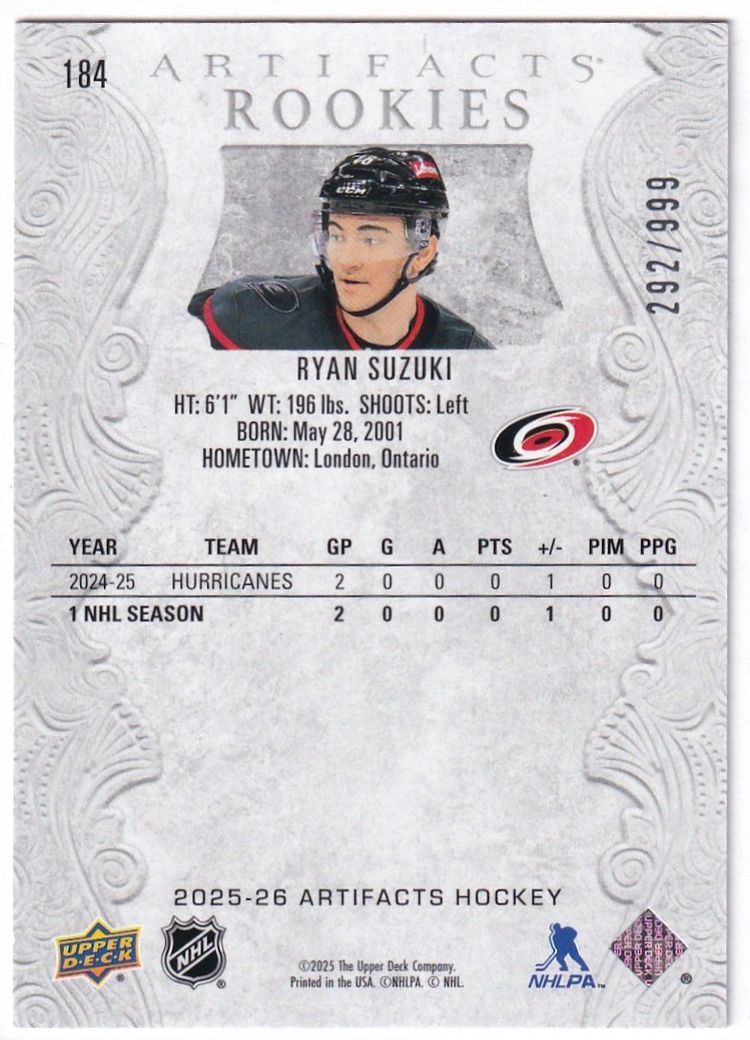 2025-26 Artifacts #184 Ryan Suzuki RC Carolina Hurricanes Hockey Card