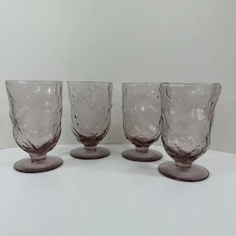 Set of 4 Morgantown Crinkle Glass Purple Amethyst Water Goblet Footed Tumblers