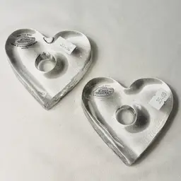 Blenko Glass Heart Candle Holder Paperweights Signed New W Tags Gift Never Used