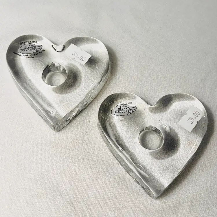 Blenko Glass Heart Candle Holder Paperweights Signed New W Tags Gift Never Used