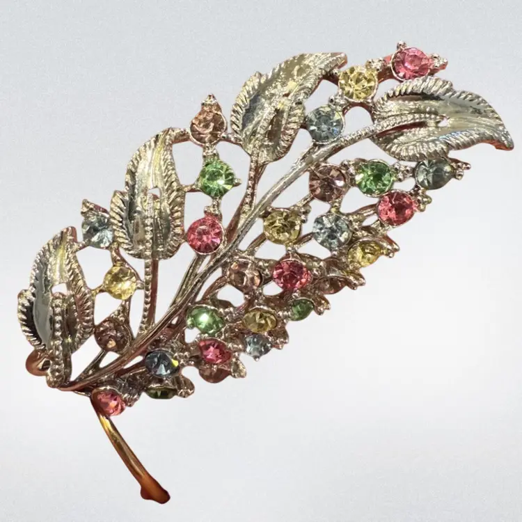 Vintage Star SilverTone Signed Pastel Rainbow Rhinestone Leaf Brooch, 2.5”