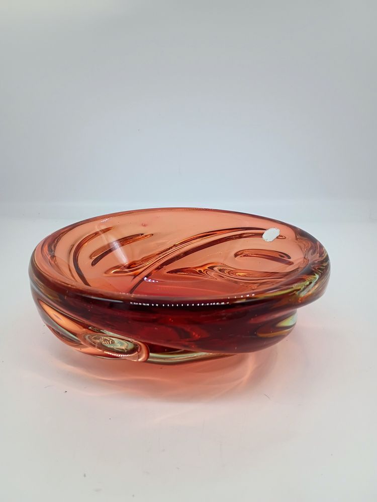 Vintage Chalet Canada Art Glass Peachy Gold Ribbon Swirl Bowl Mid Century MCM Lines.