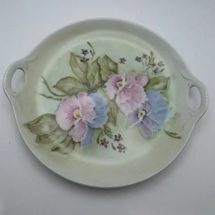 Vintage Hand Painted Serving Plate With Handles Pansies Design And Friendship Poem On Back 8”