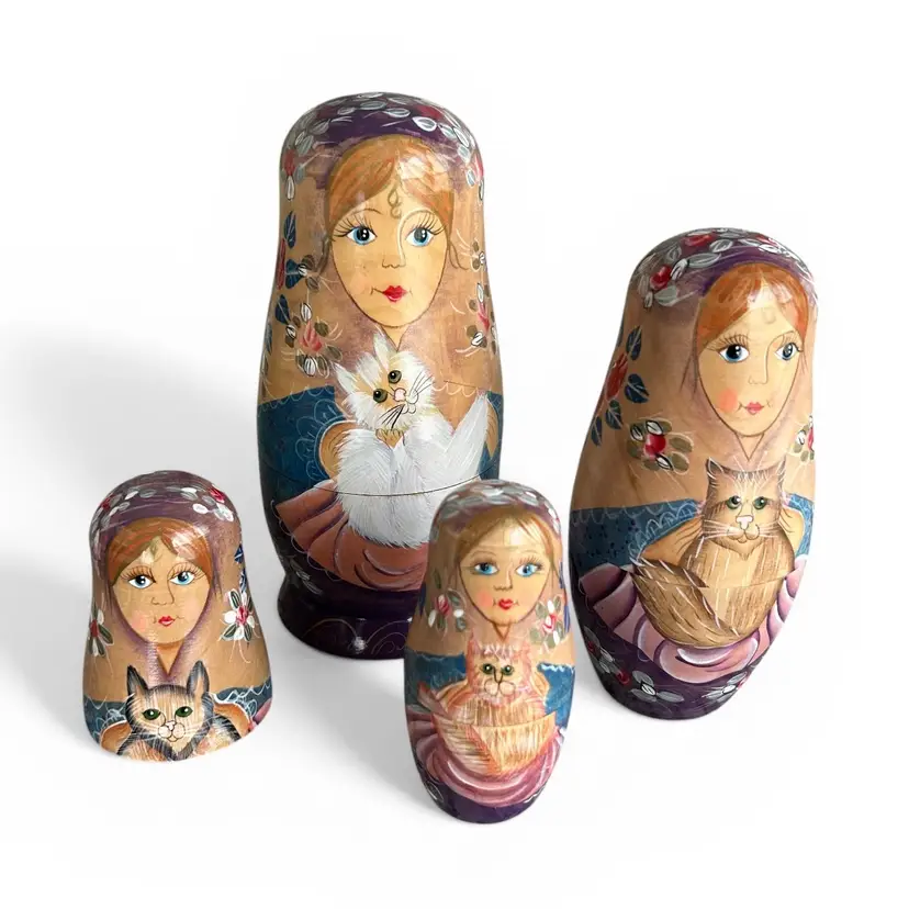 Cat Lady Matryoshka Vintage Hand Painted Wood Nesting Dolls - Woman Holding Cat Kitty - 7 Pieces - 3 Complete Dolls