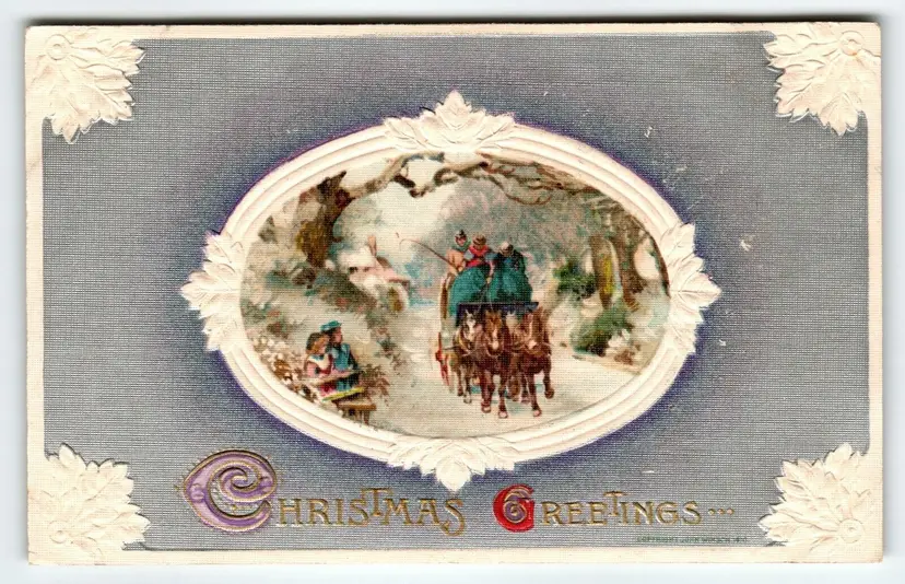 Christmas Postcard John Winsch Horses Carriage Embossed Germany Vintage 1910