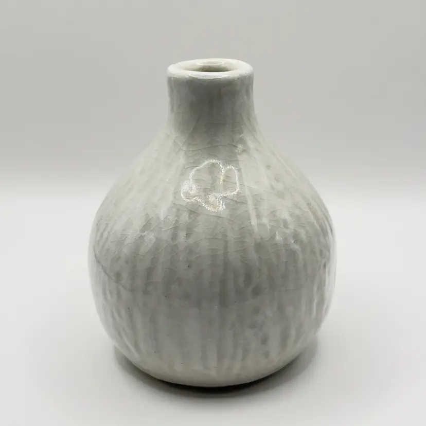 Vintage Crackle Glaze White Ceramic Bud Vase, Subtle Floral Accent, Unbranded