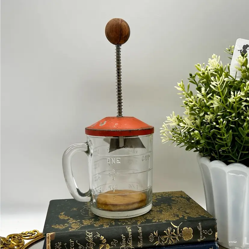 Vintage Glass Jar Hand Nut Chopper Red Wood Knob & Metal Lid