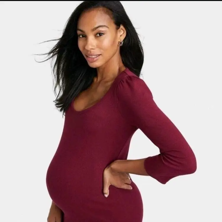 The Nines by HATCH Womens Maternity Dress Burgundy XS Modest Ribbed Stretch