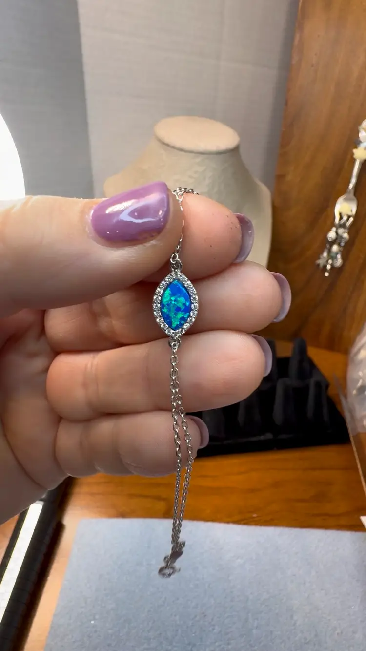 NEW Dainty .925 Silver Lab Blue Opal & CZs Sz 6”-8” Signed GLS-#2055