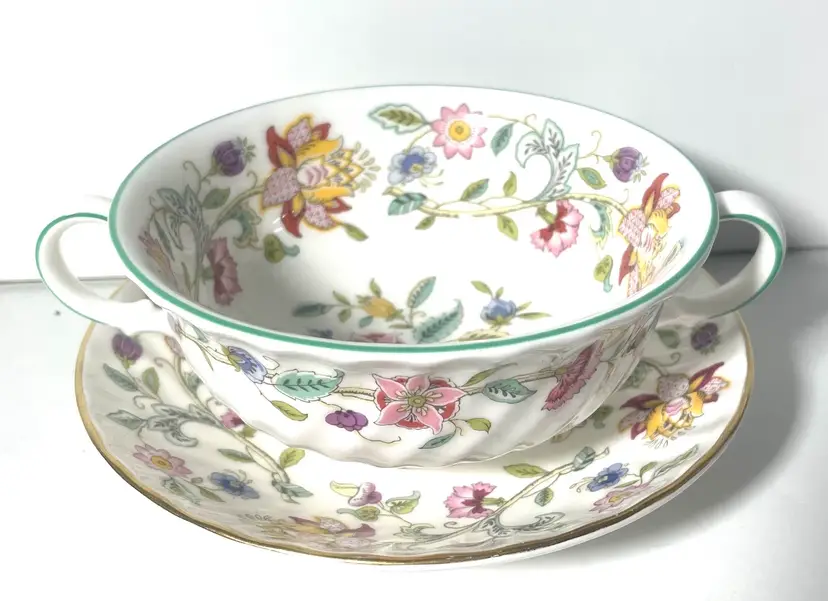 Haddon Hall Minton Cream Soup Bowl And Saucer. England. Signed