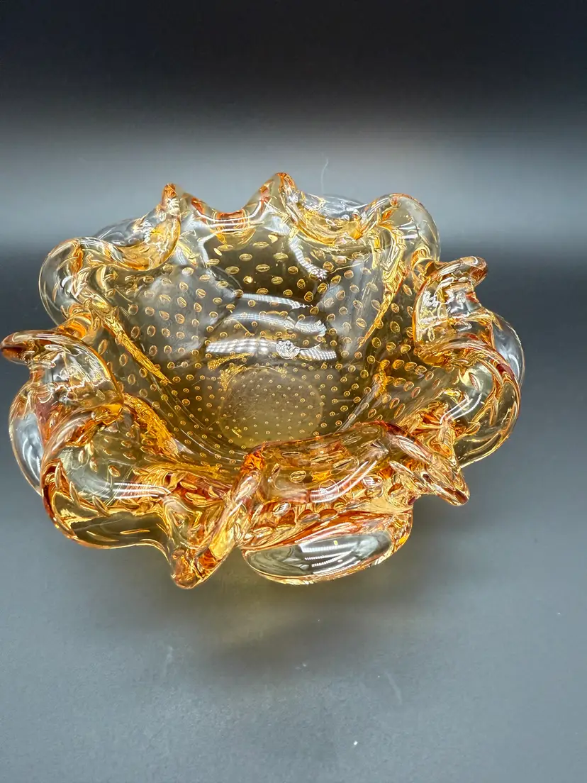 Murano Bullicante Controlled Bubble Art Glass Amber And Clear Ashtray Bowl Catch-all Dish