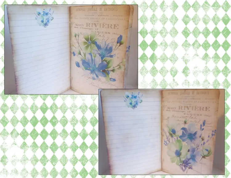 Seagreen Mini Journal, Hand Sewn binding, 12 pages, tags, linen pages, floral journal, writing papers, 5.5 x 8.5, mini album