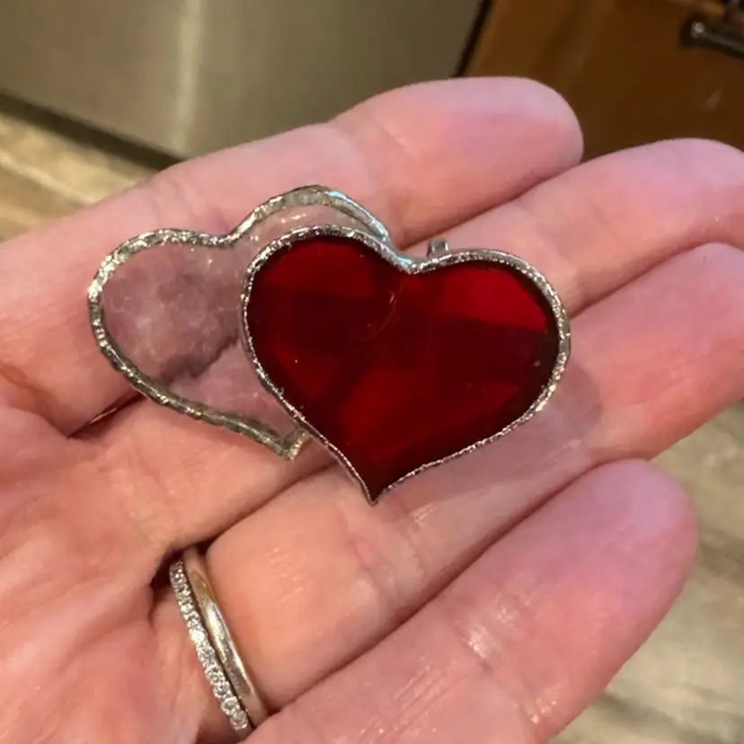 Red & Clear Art Glass Double Heart Silver Tone Jewelry Brooch Pin/Pendant