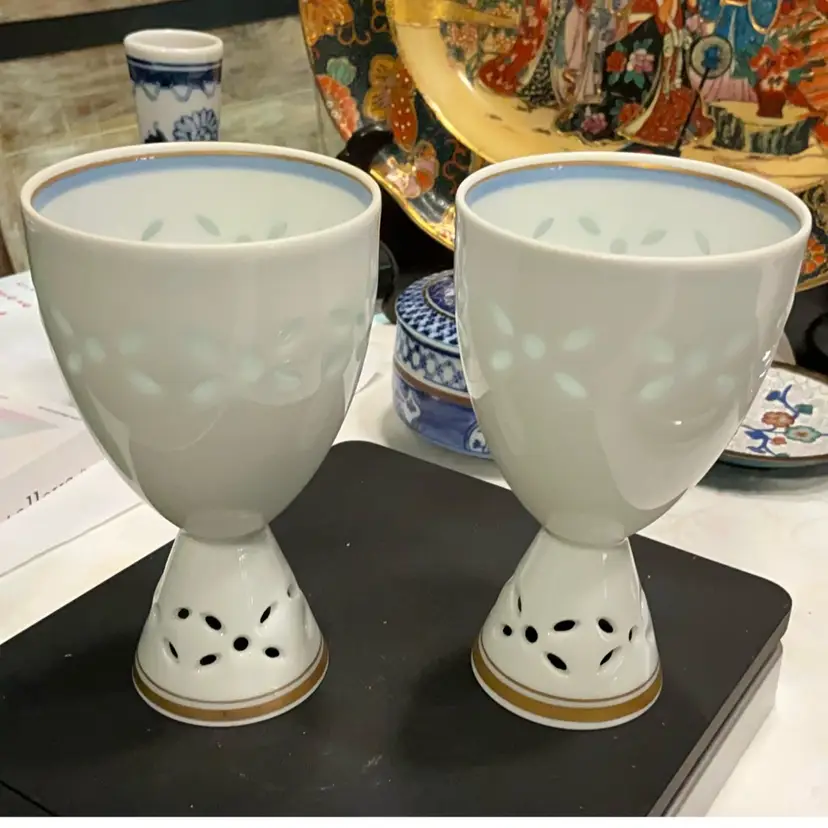 2 Saki Glasses Signed. Measures 4.5”x2.5”. Delicate Glass Or China? Very Delicate And Pretty