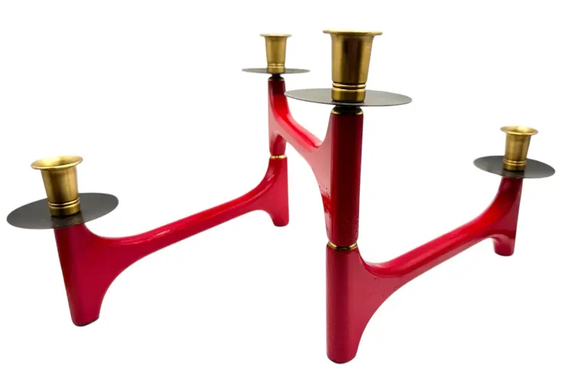Mid Century Danish Wood Articulating Candle Holder Candelabra Brutalist Red Four