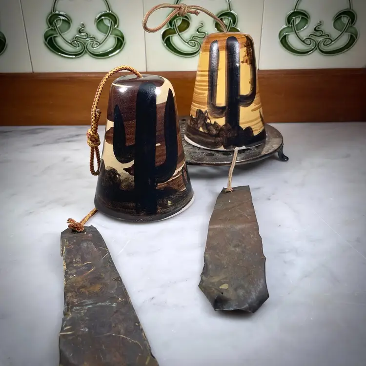 Vintage Pacific Stoneware USA Pottery Wind Bells Chime Southwest Cactus Hand Painted Set of 2