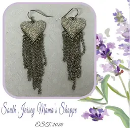 Vintage Silver Tone Embossed Heart With Chain Dangle Pierced Earrings