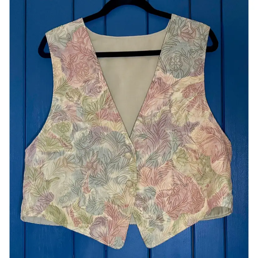 Vintage Womens Pastel Floral Tapestry Vest Sz Large Hippie Boho Festival Cottage