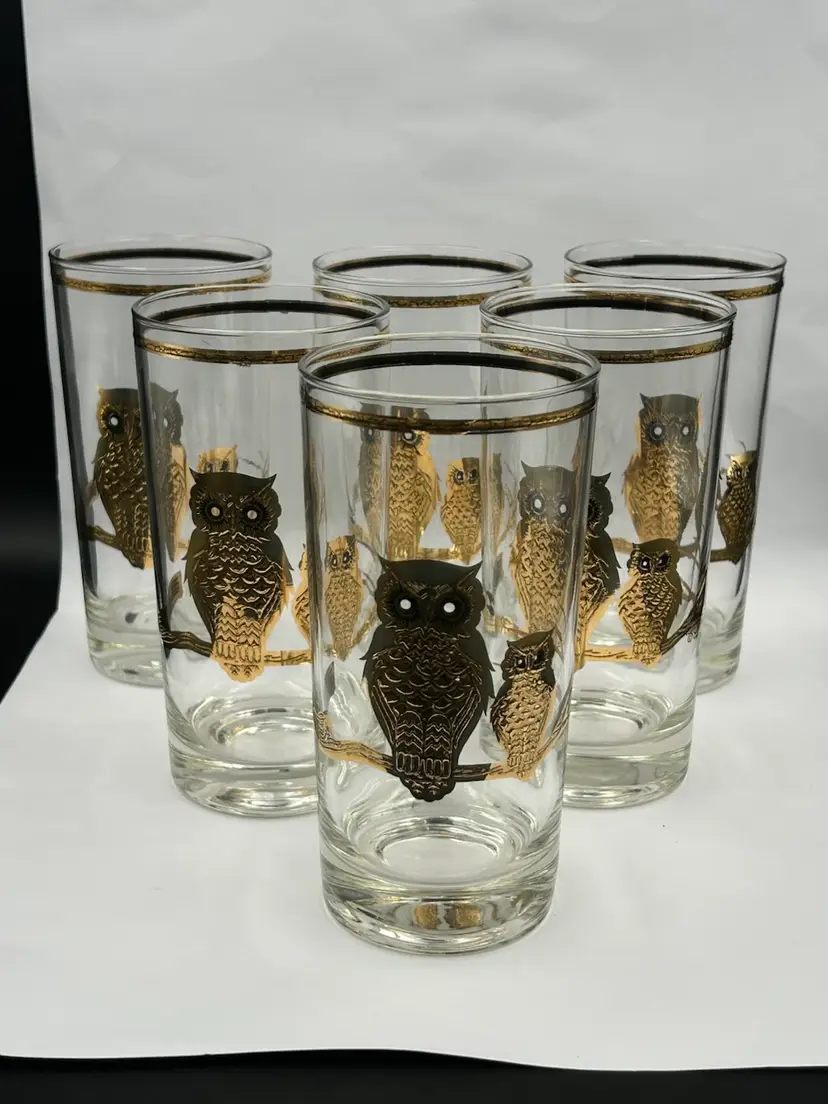 6 Vintage Culver Mid Century 22k Gold Owl Highball Bar Glasses Tumblers MINT
