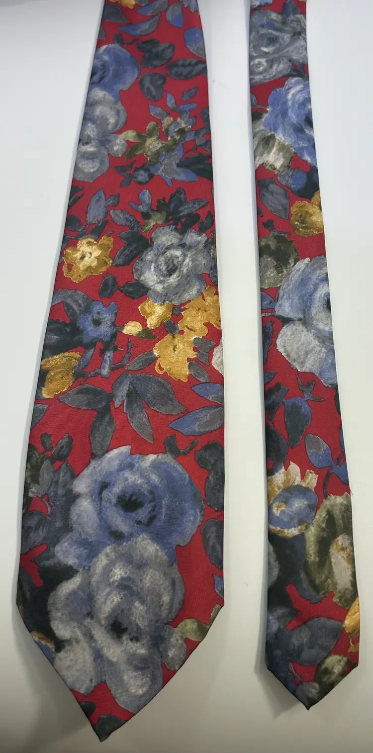 Vintage Blair Red with Blue& Yellow Flower Design Polyester Tie 58" x 3.50"