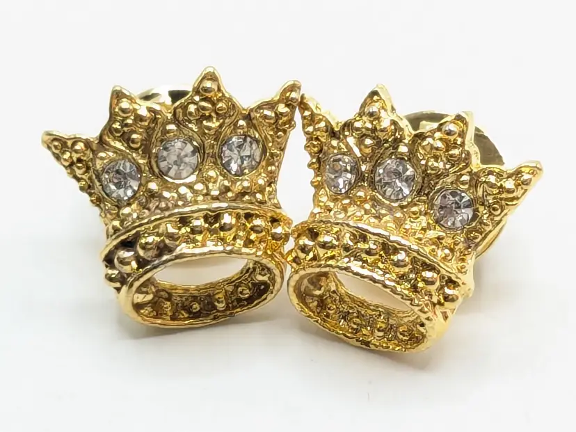 Pair Gold Tone Crown Pins with Rhinestones Jewelry
