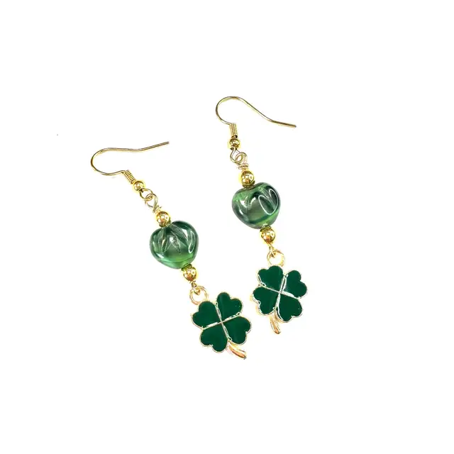 St. Patrick’s Day Lucky Four Leaf Clover Earrings Emerald Green Gold Tone 2” Made By Me