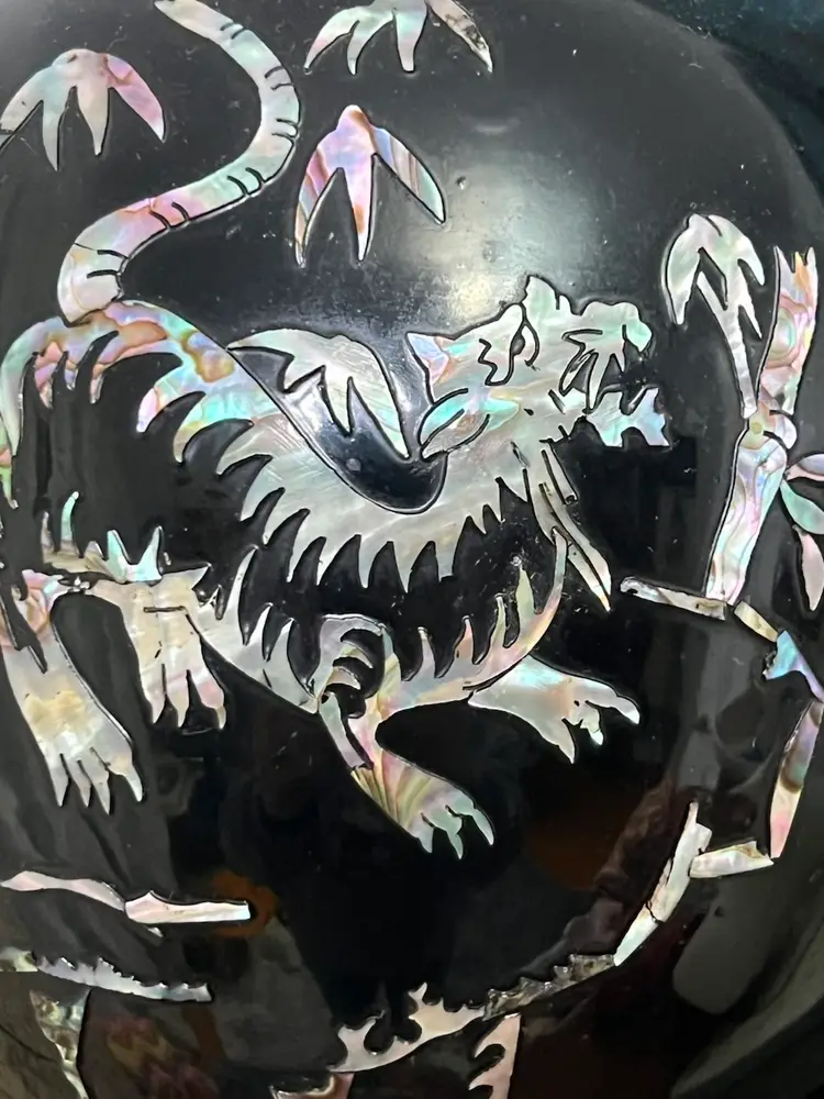 Vintage Asian Brass Vase Black Overlay Abalone Dragon