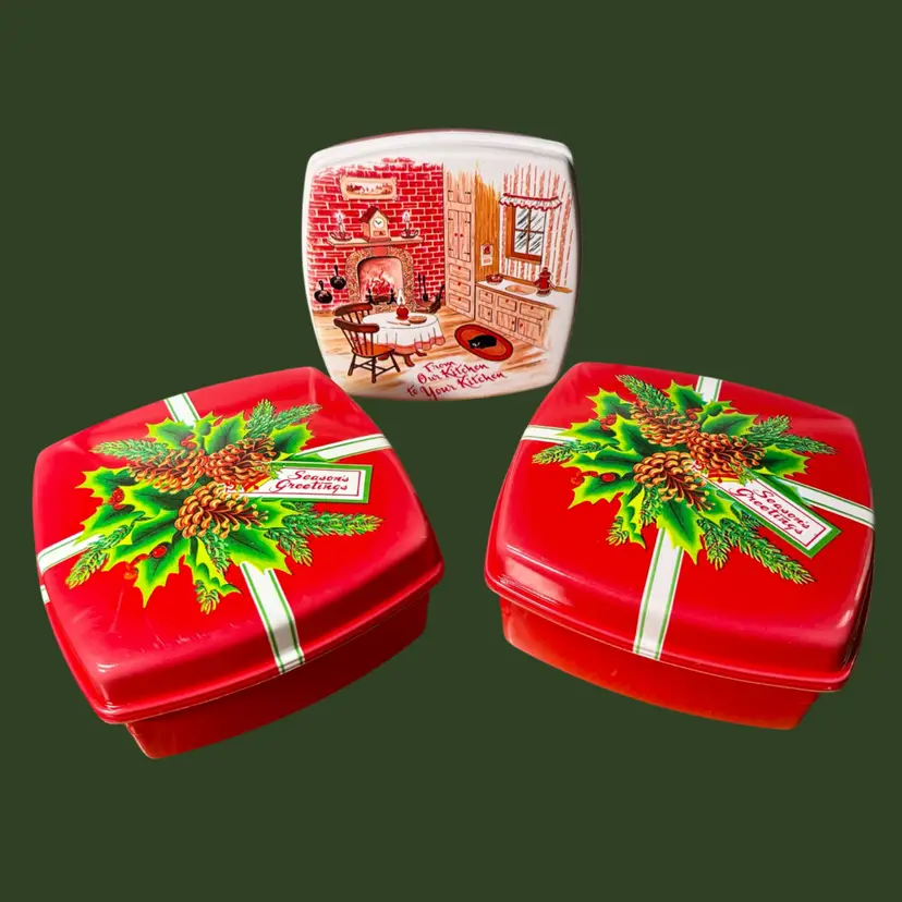 Vintage LOT of 3 HALLMARK Christmas Cookie Plastic Box Tins, Holiday Graphics