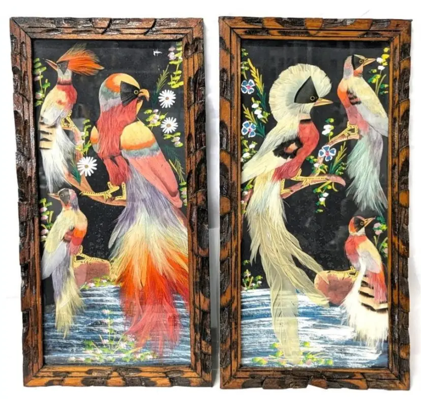 Pair 1950s Vintage Mexican Folk Art Feather Craft Painting Kitchy Tropical Birds Framed Pictures, 8.5" × 16.5" Each