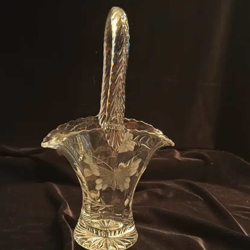 Vintage Etched Glass Butterfly and Floral Basket