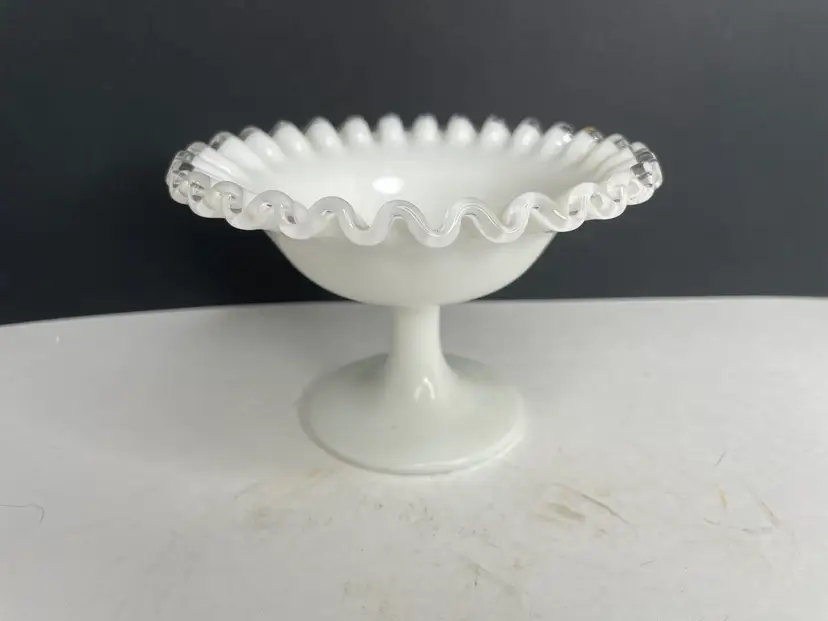 Vintage Fenton Silvercrest Footed Compote Candy Dish Crimped White 3.75” H