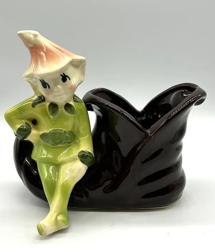Vintage Shawnee Chartreuse Pixie Sitting On Brown Boot Planter