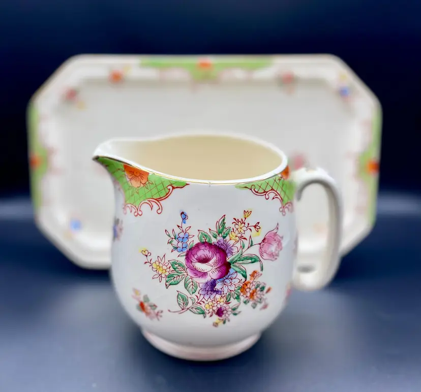 Vintage Japanese Mikori ware porcelain cider pitcher and under-plate