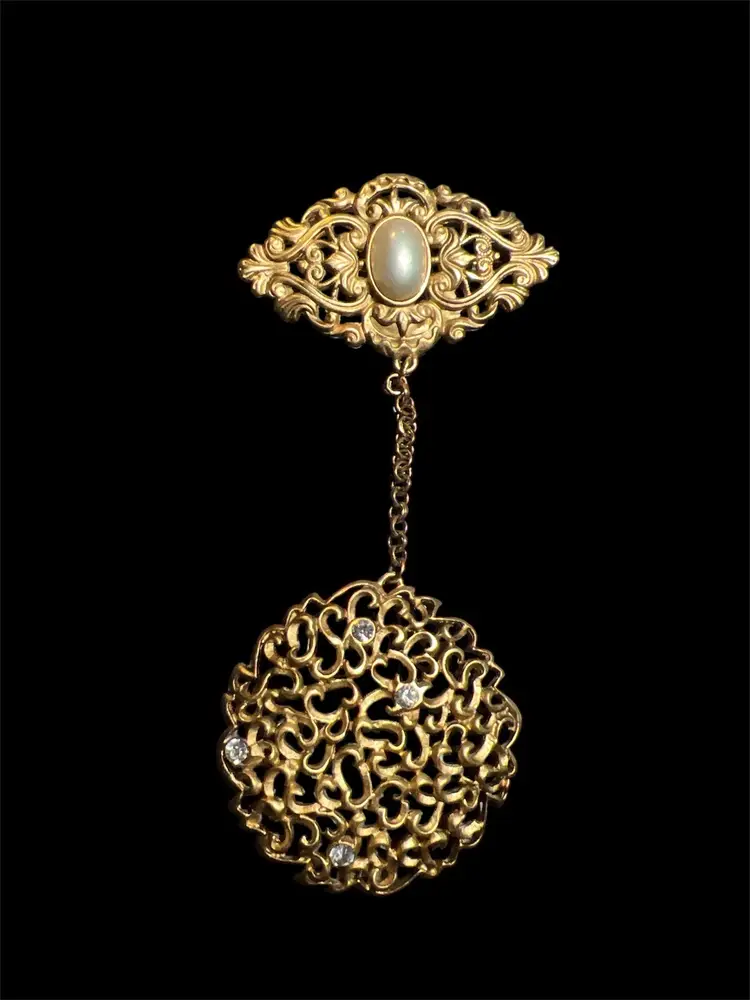 DKNY Rare Vintage Brooch Gold Tone Rhinestone