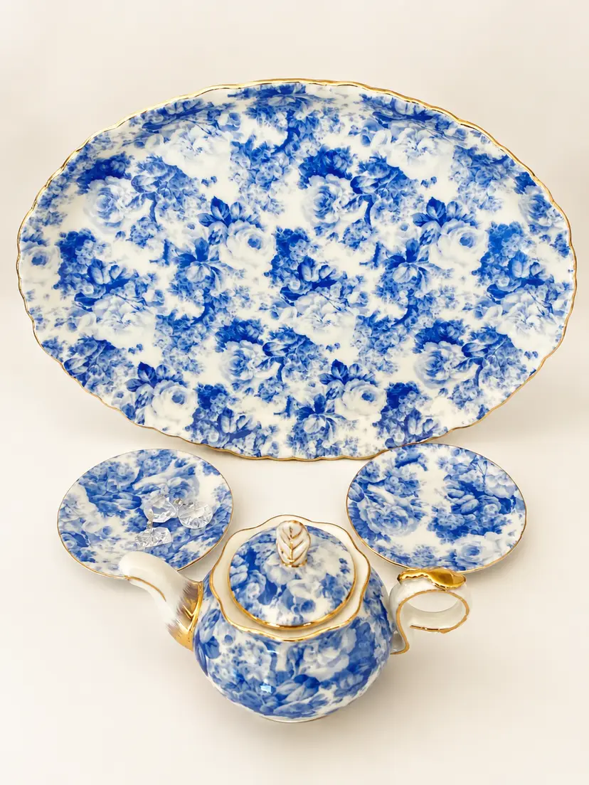 Blue Cottage Rose Chintz Porcelain Tea Set Trinket Trays 25k gold trim