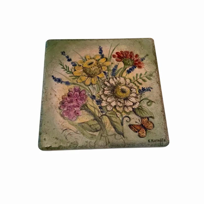 hand-painted floral art tile signed by the artist E. Kataffa