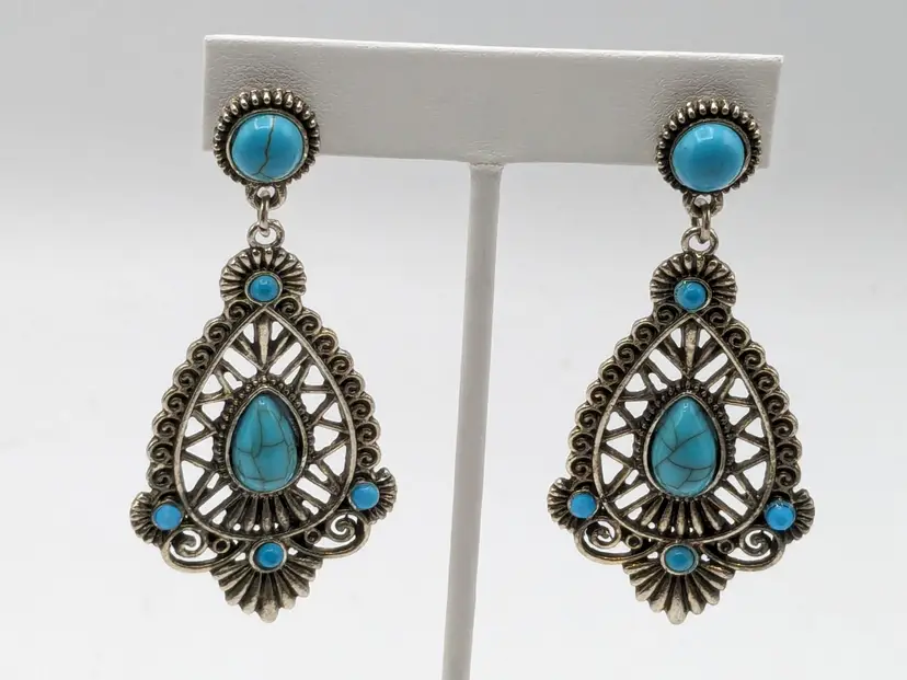 Jessica Simpson Faux Turquoise Filigree Earrings Silve Tone Drop Dangle