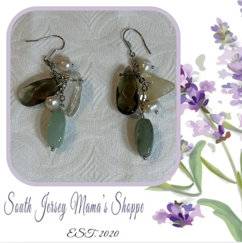 Vintage Hand Made Silver Tone Polished Stone And Glass Dangle Earrings
