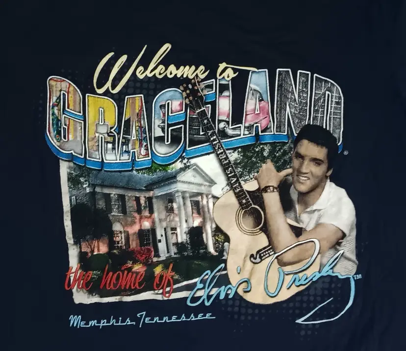 Elvis Presley Welcome Graceland Post card t-shirt King Rock Roll Souvenir guitar