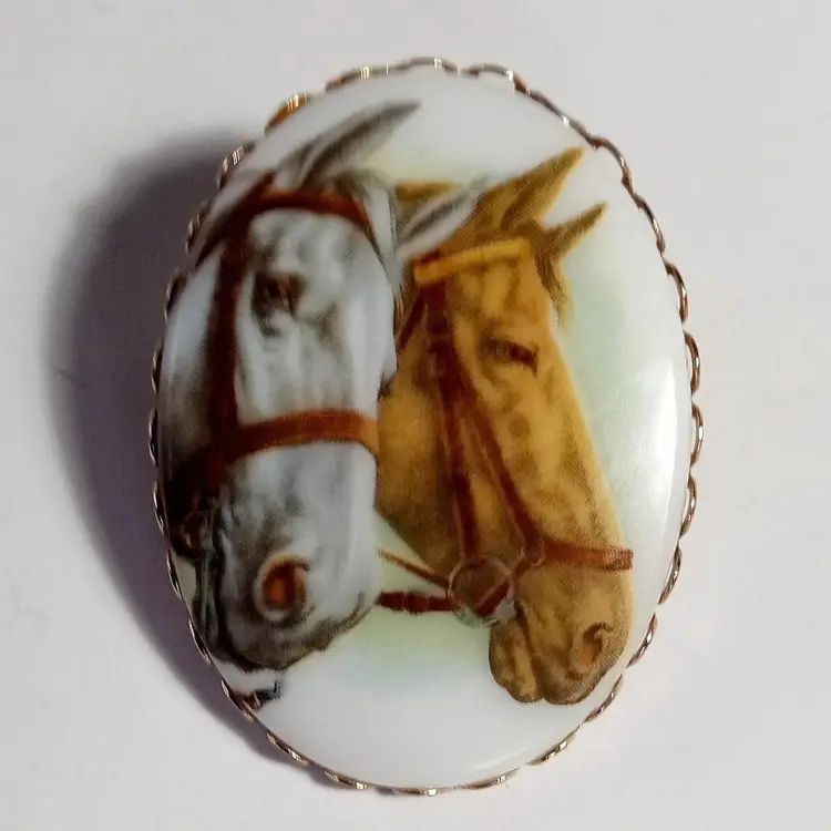 Vintage HORSE Heads Portrait Porcelain Cameo Oval Brooch + Gold tone Running Horse Brooch