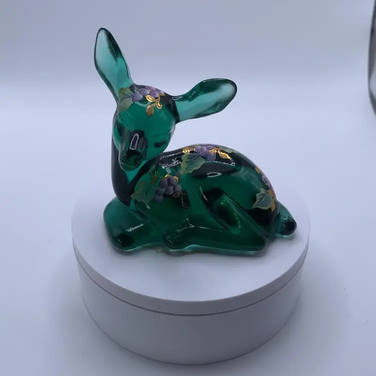 Fenton Green Art Glass Deer Handpainted