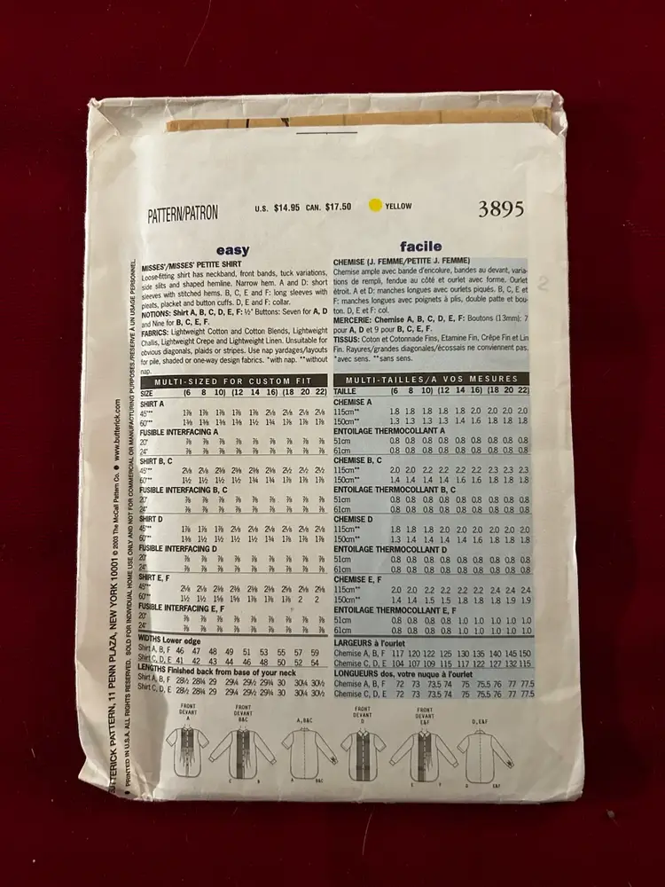 Vtg Butterick Pattern 3895 petite Button Down Shirt Uncut FF Sz 18-22