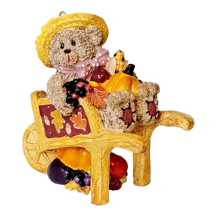 Vtg Fall Harvest Thanksgiving Resin Bear Pumpkins In Wheel Barrow Halloween READ